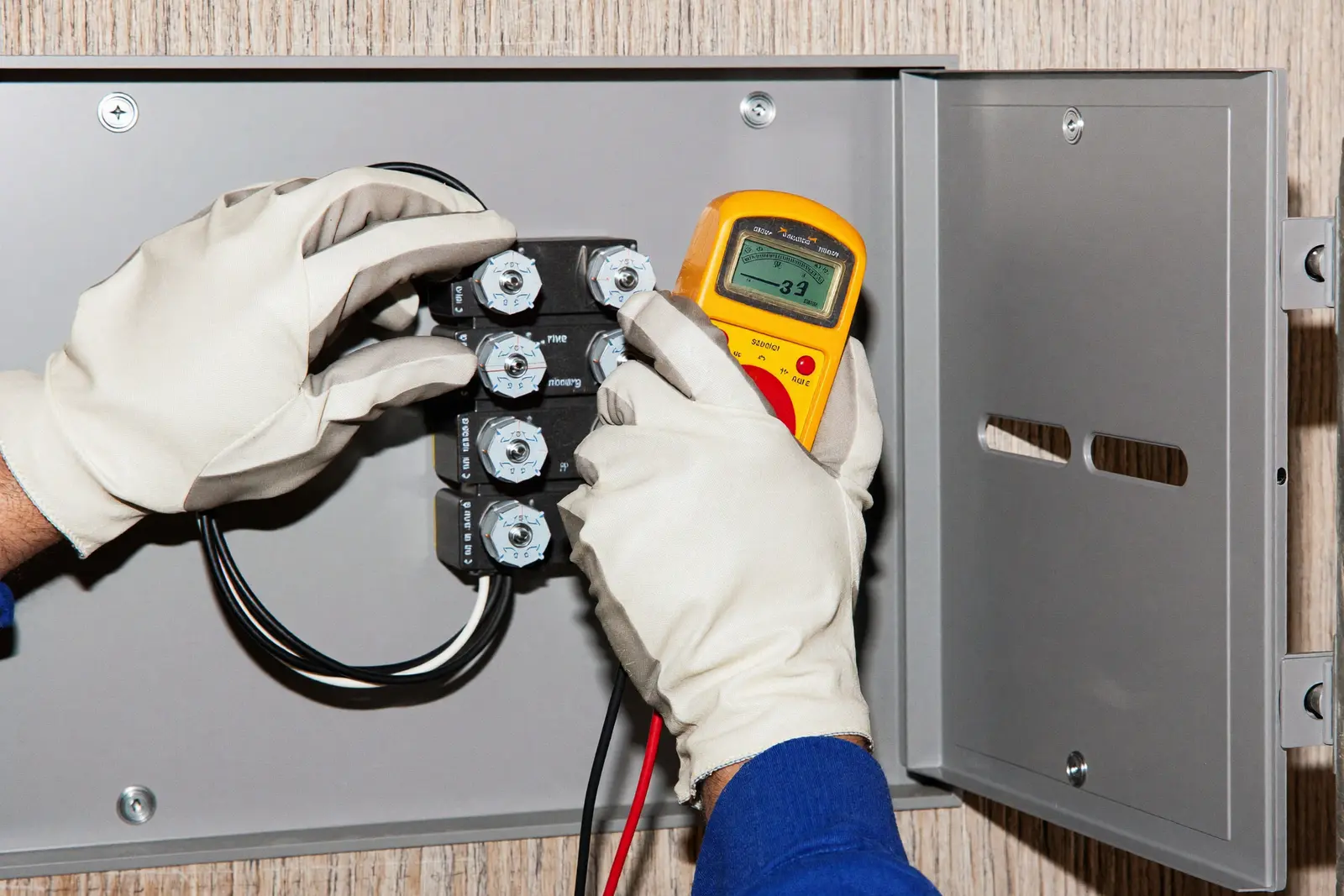 Gloved hands testing a residential breaker panel with a digital multimeter